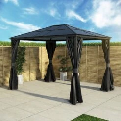 Fortrose 3x4m Black Metal Garden Gazebo With Grey Roof And Sides -Hot Tubs Sales Shop FTR060 3 Supersize