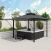 Fortrose 3x3m Black Metal BBQ Shelter Gazebo With Grey Canopy Roof And Retractable Side