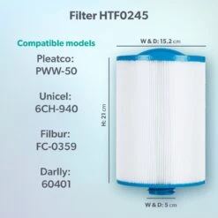 HTF0245/PWW50 50sq Ft Hot Tub Filter - Jacuzzi Lodge S & L, Paradise, Retreat, Look, Mist & Haze -Hot Tubs Sales Shop Model compatibility dims HTF0245